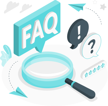 graphic that says "FAQ" with a magnifying glass, and two text bubbles with an exclamation point and question mark, and a five star bubble